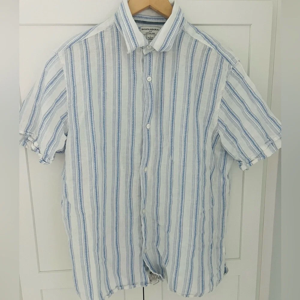 Banana Republic LINEN-COTTON RESORT SHIRT Light Blue / White